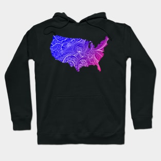 Colorful mandala art map of the United States of America in blue and violet Hoodie